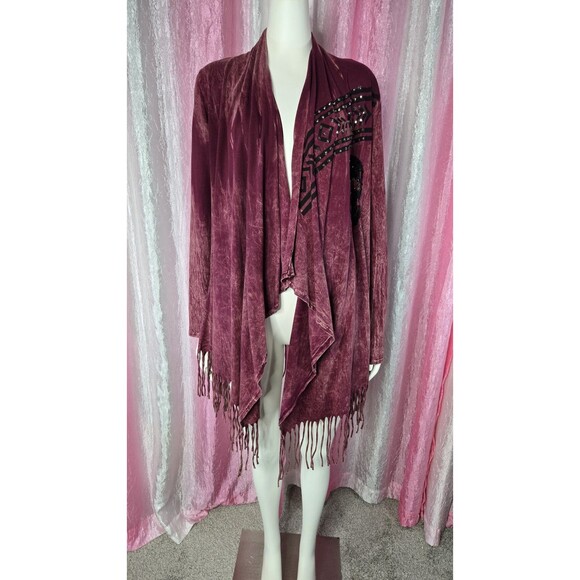 Vocal Skull Crystal Maroon Aztec Fringe Cotton Cardigan Jacket Size Medium - Picture 2 of 16